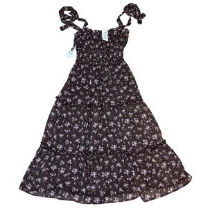 Trixxi Brown Pink Floral Ruffle Midi Dress NWT XS Boho Festival Smocked